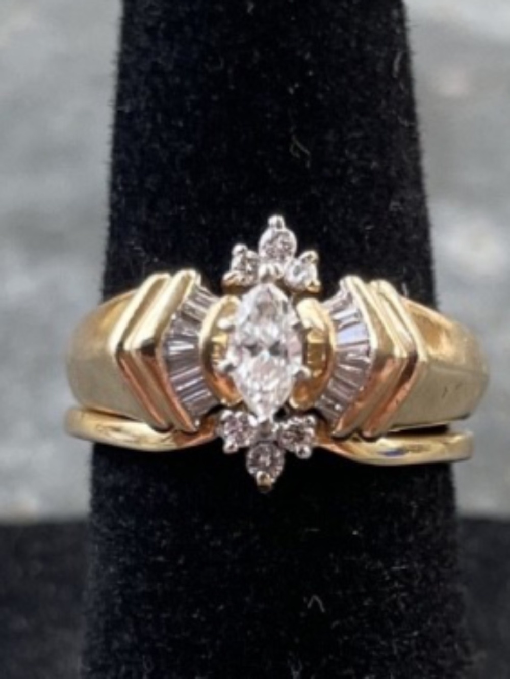 14k Gold Marquise Baguette Bridal Set 1990s--size 3.5 Rare, Vintage Petite Fit - Picture 10 of 10